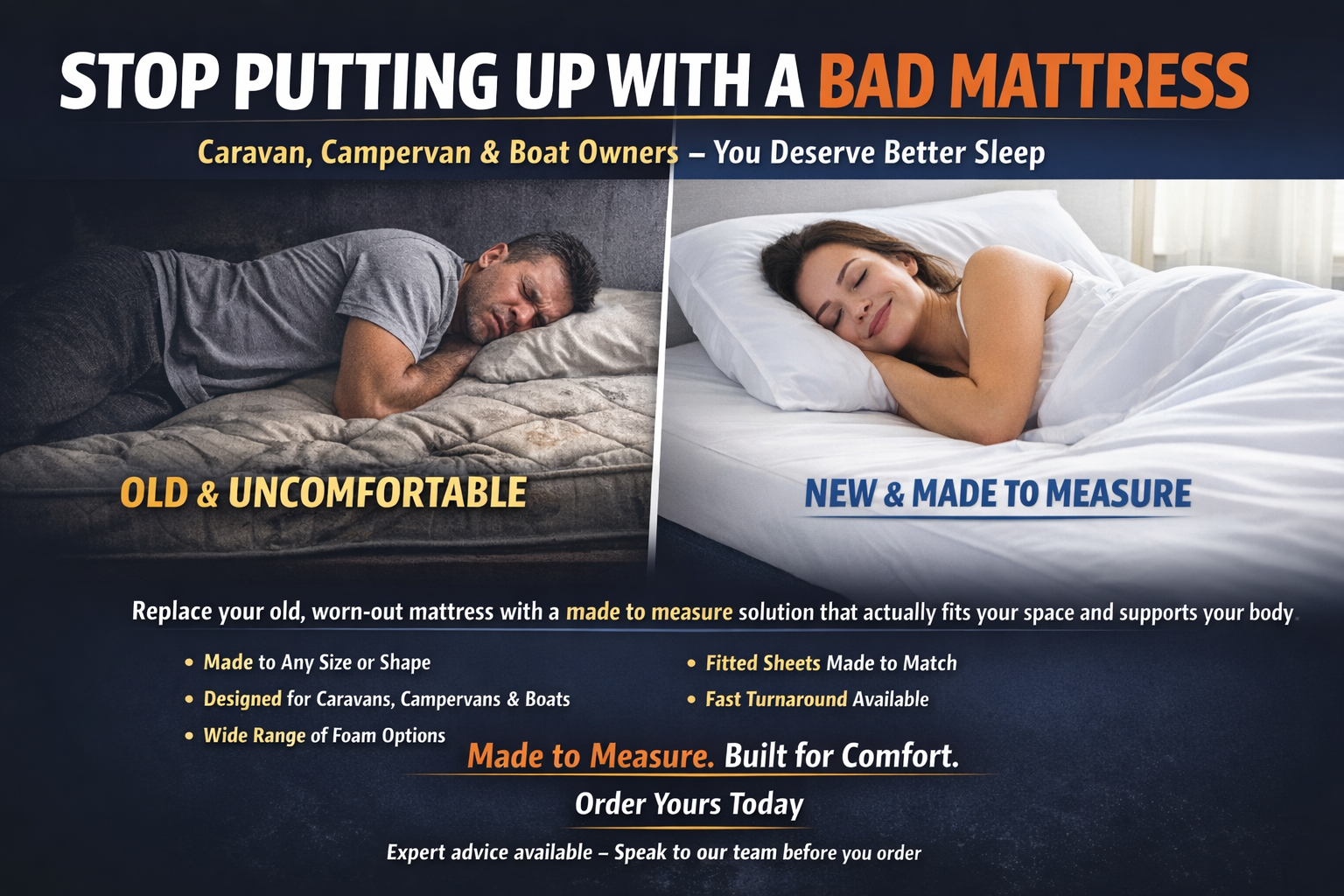 Made to measure campervan pop top mattress topper for roof beds with memory foam comfort layer