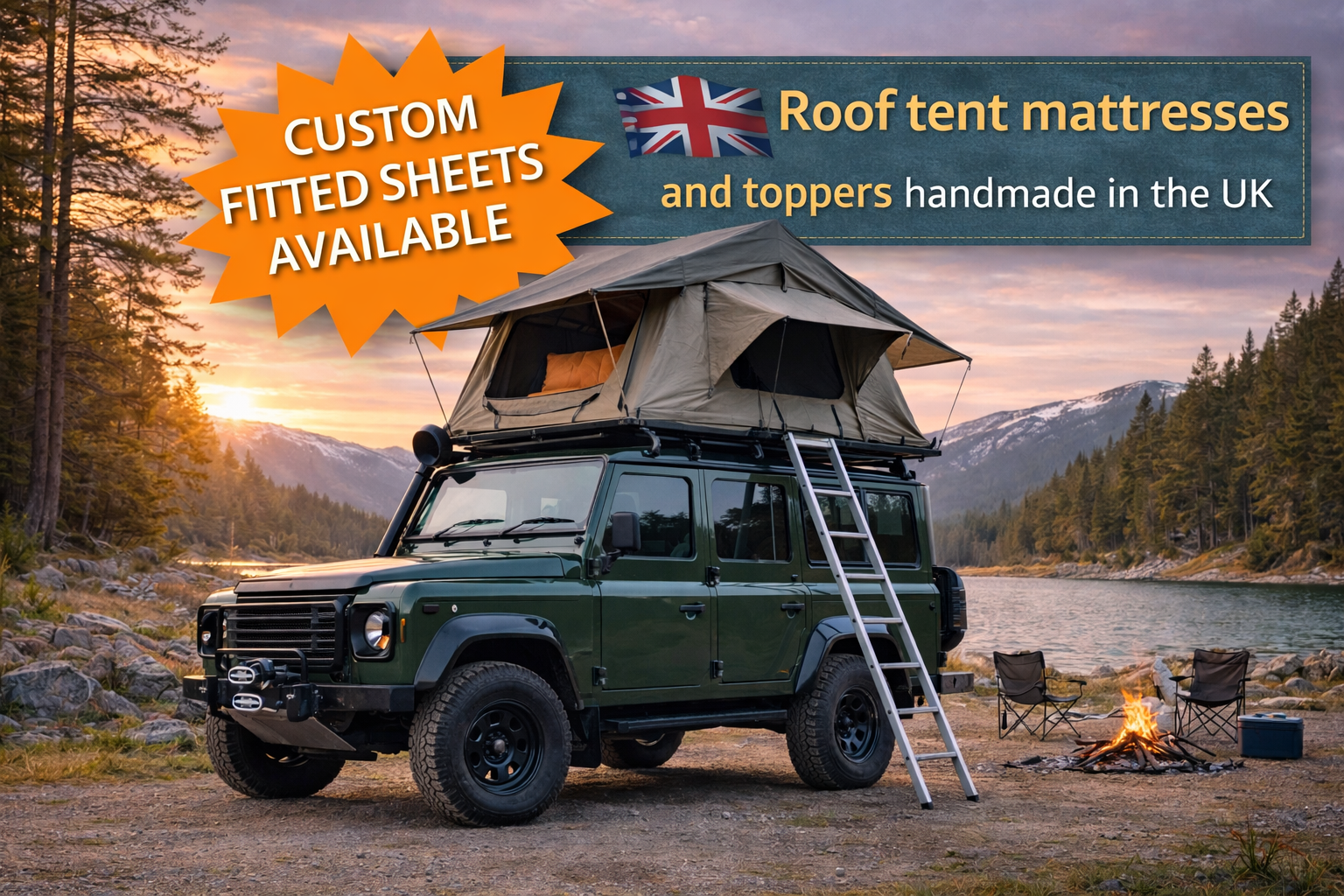 Land Rover Defender with roof tent setup showing roof tent mattress and topper with custom fitted sheets available UK