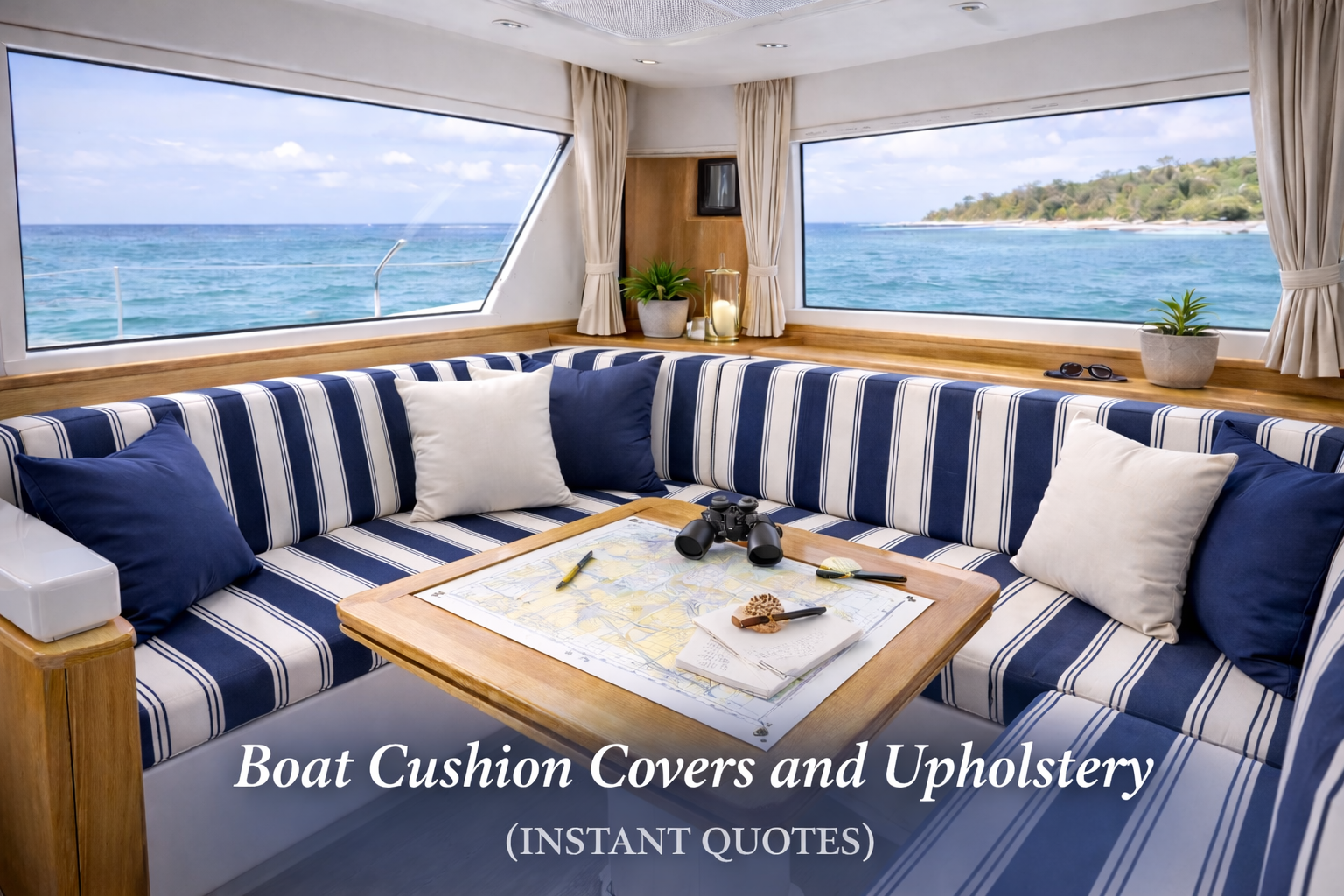 Made to measure boat cushion covers and upholstery in navy blue and white stripe fabric inside yacht cabin seating area
