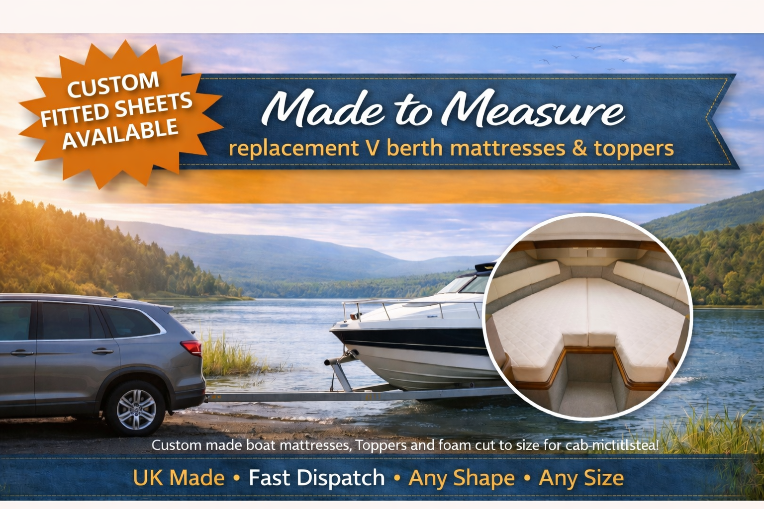 Made to measure replacement V berth mattresses and toppers for boats with custom fitted sheets available UK