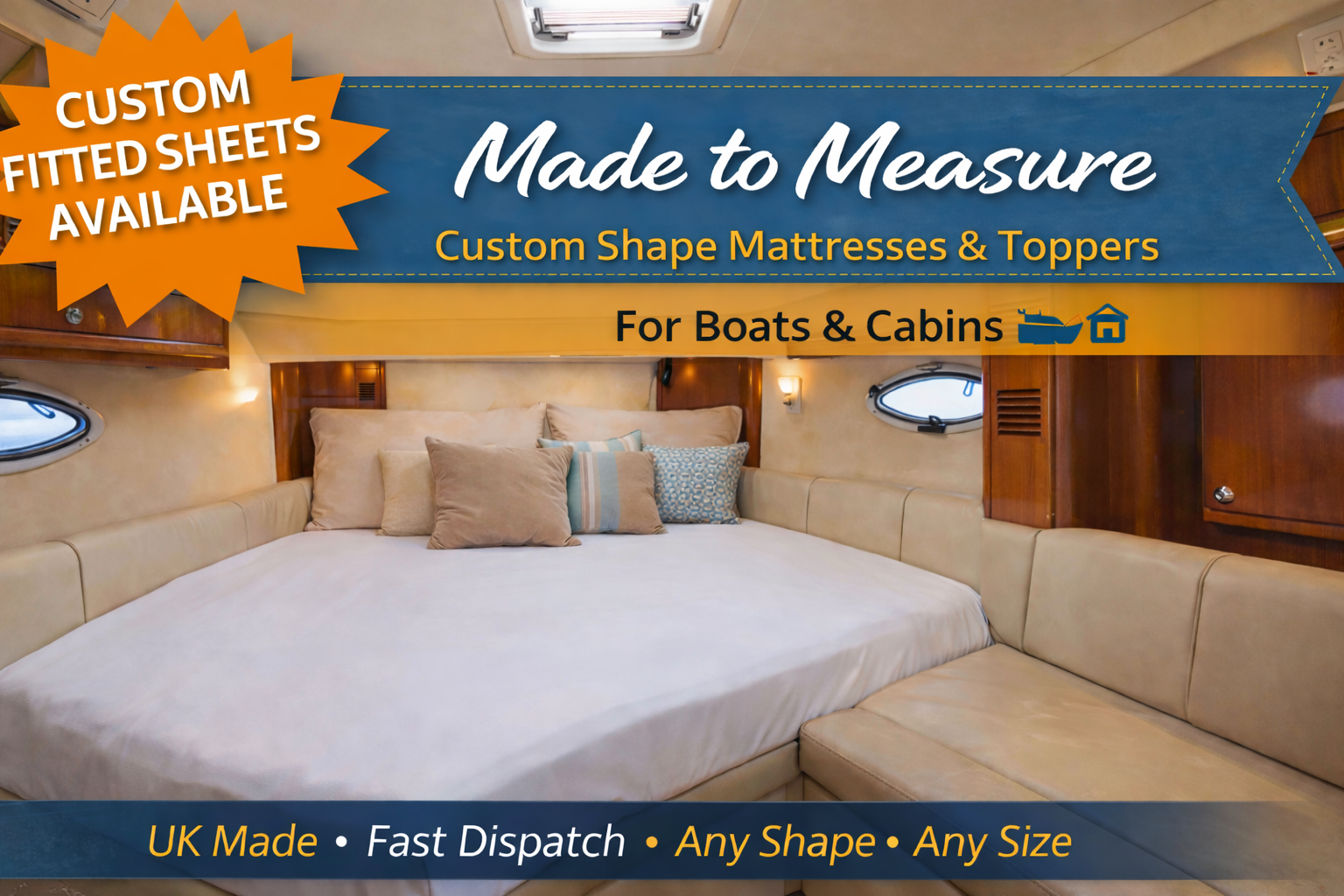 Custom shape boat cabin mattress with fitted sheet, made to measure marine mattress and topper for boats and cabins