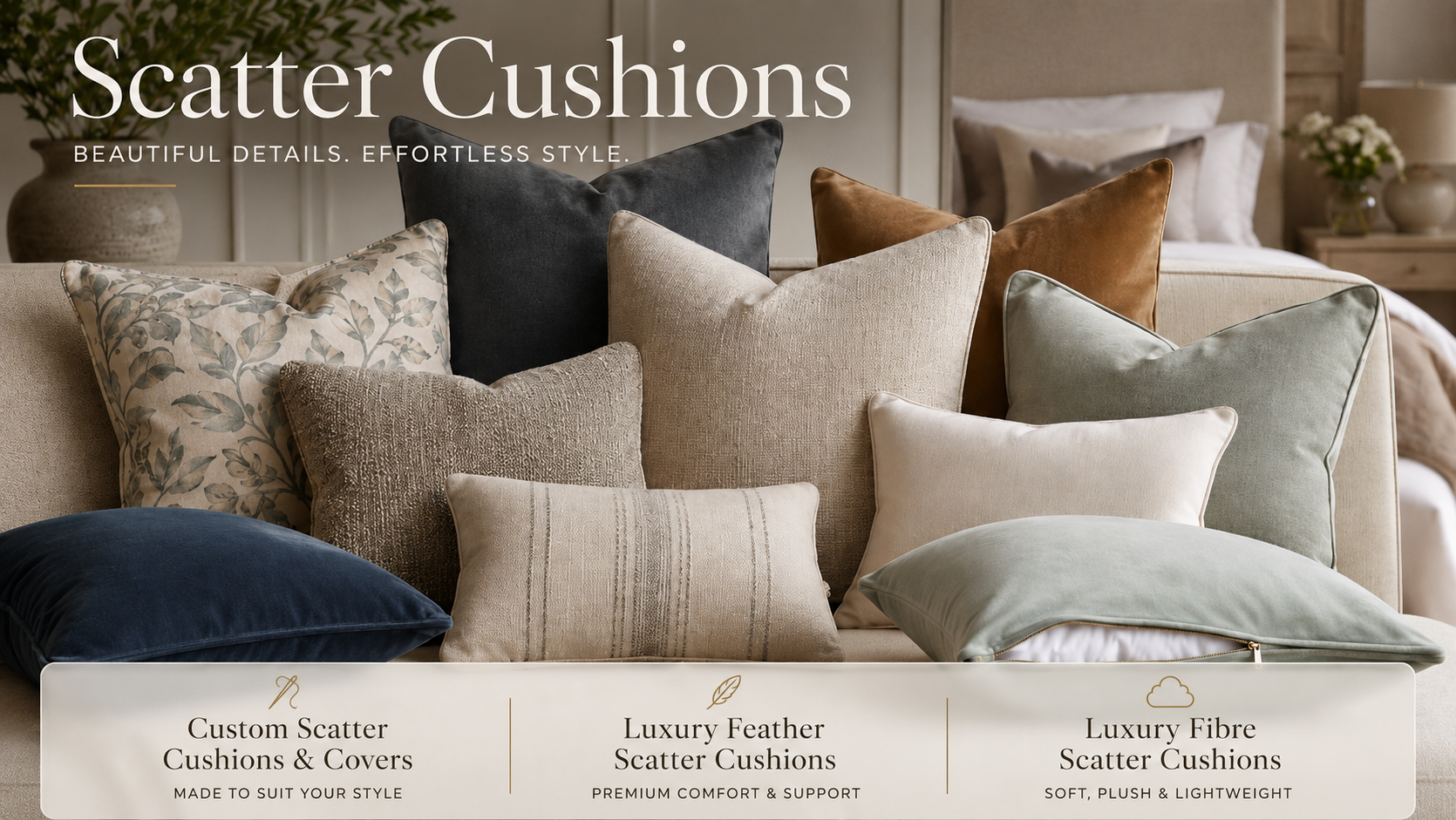 Scatter cushions UK with custom covers, luxury feather cushions and fibre cushion pads
